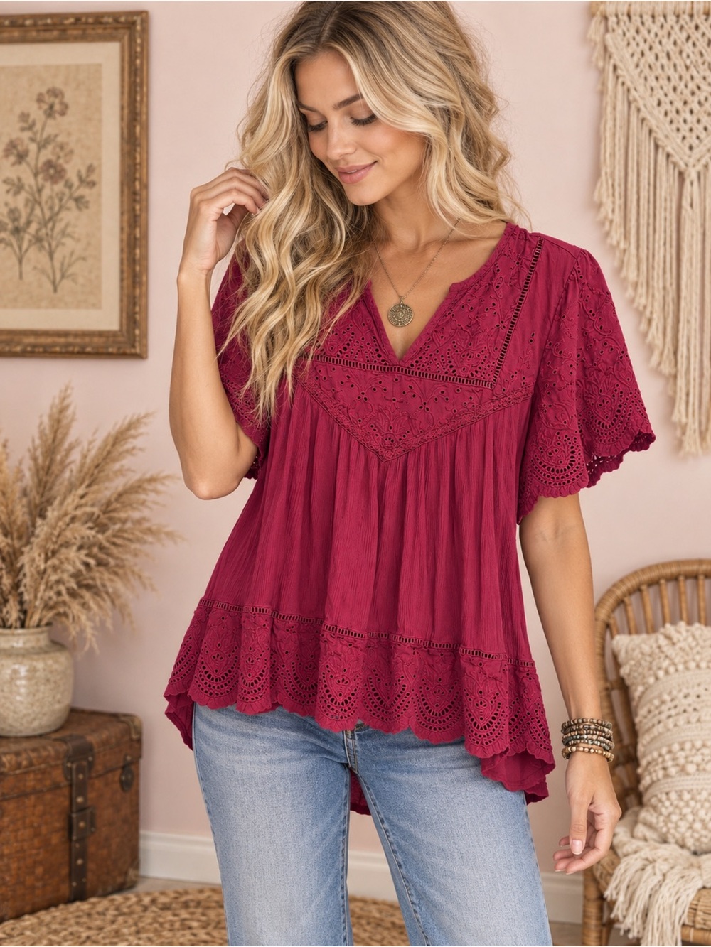 Knox Rose Burgundy Eyelet V-Neck Flutter Sleeve Blouse